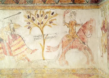 Ein Ritter trägt eine brennende Fackel und schleppt den Körper von König Manfred (ca. 1232-66) von Sizilien, 28. Februar 1266